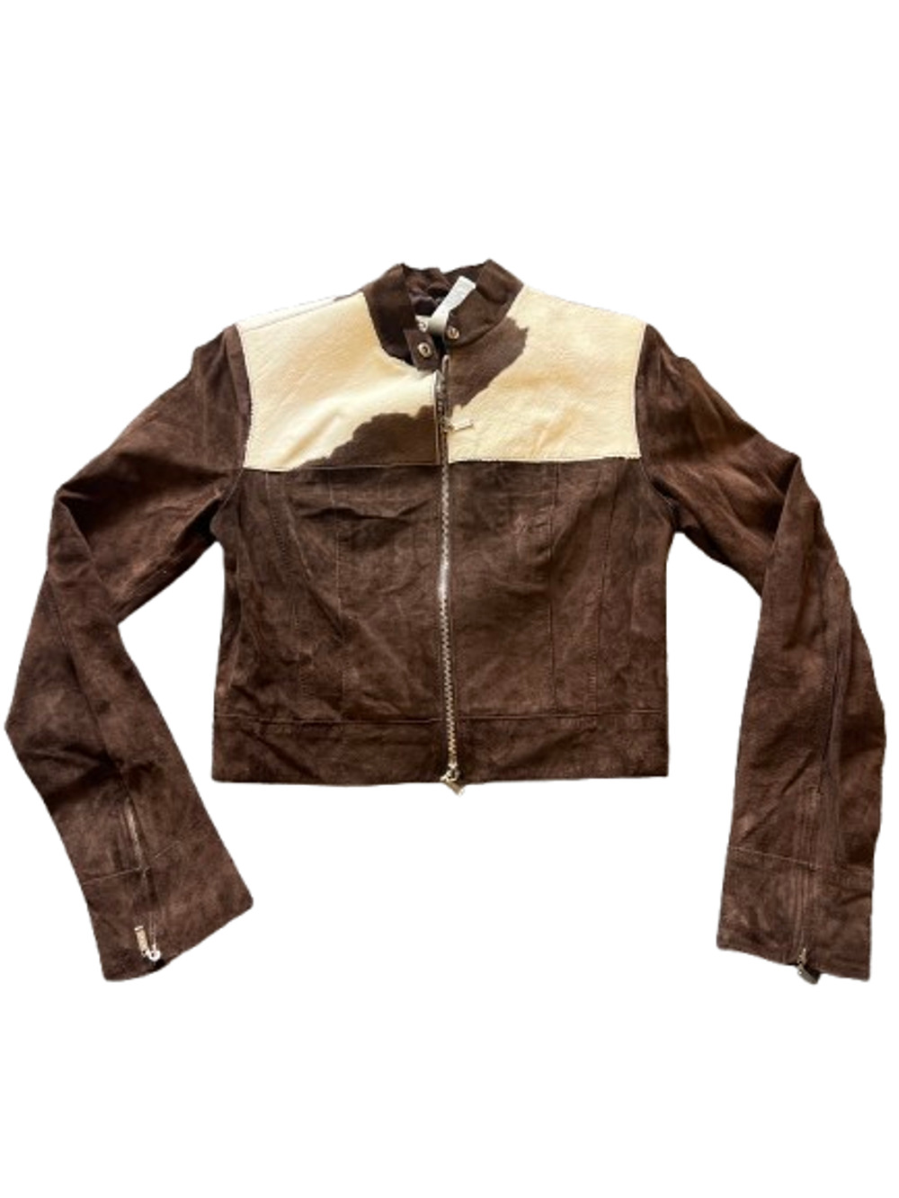 BEBE Brown Suede Full Zip Biker Leather Jacket with Cow Hide Patchwork - Size S